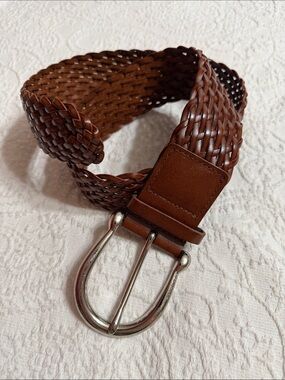 Michael Kors Woven Brown Leather Belt Size Small with Silver Buckle